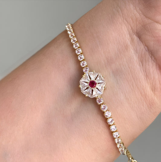 Pulsera Tennis con Flor Central Ajustable
